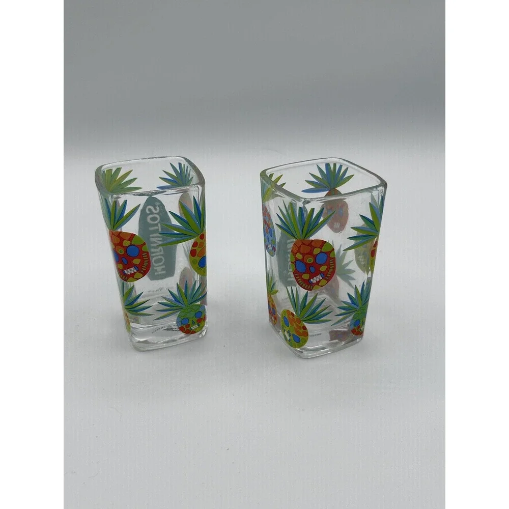 Lot of 2 Hornitos Tequila Shot Glasses Square Pineapple Tiki Skull‎ Pattern 2oz